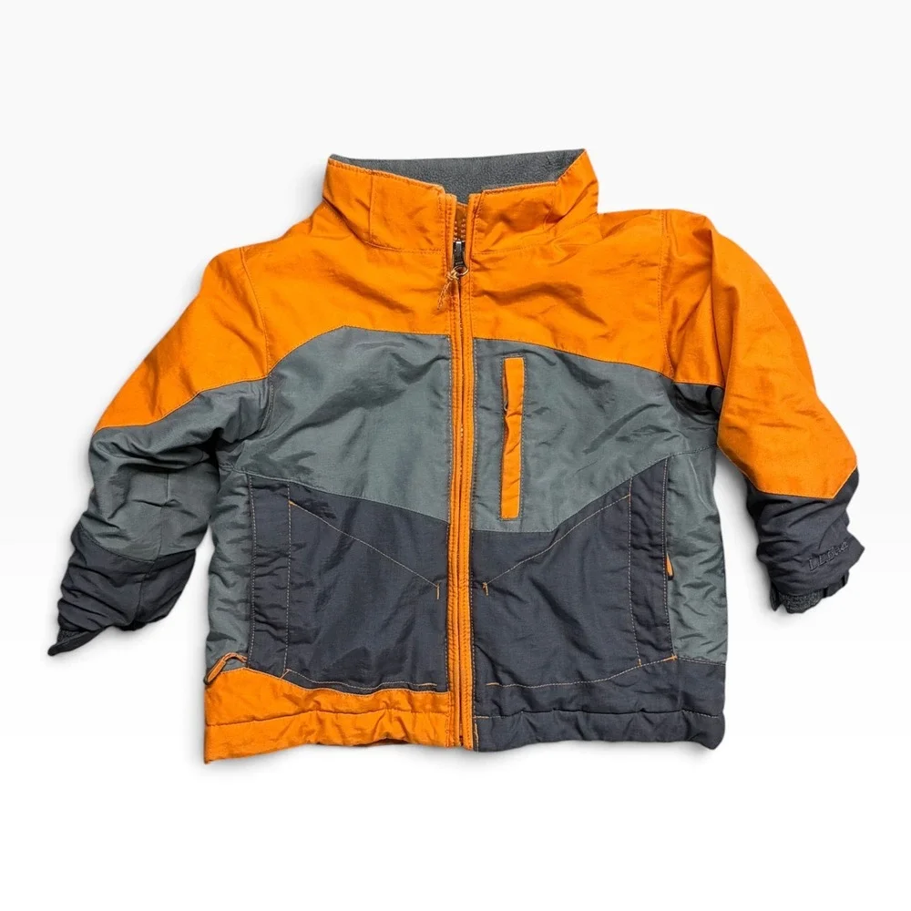 LL Bean Toddler 2T Winter Jacket Orange Grey Colorblock Fleece Lined Grow Cuffs